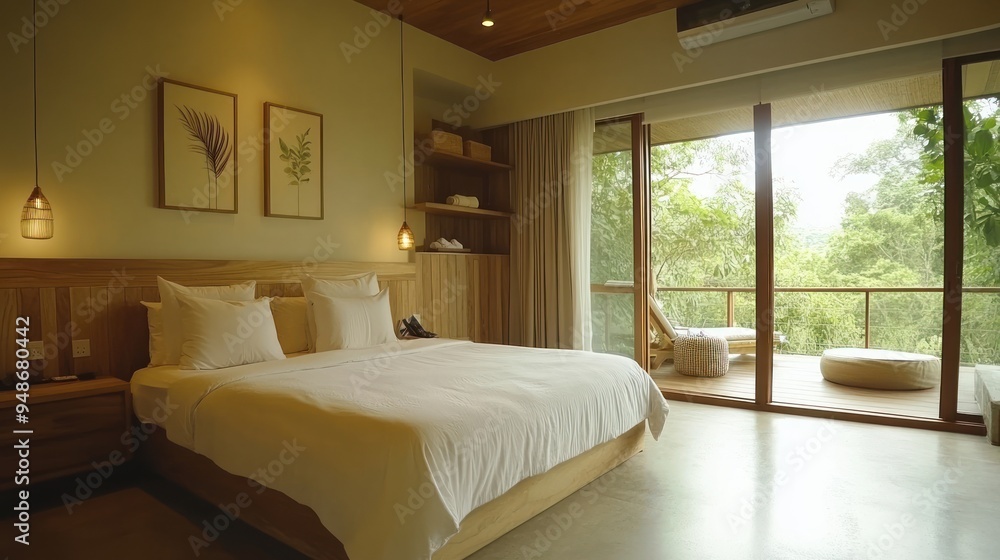 Fototapeta premium Modern bedroom with large window overlooking green forest.