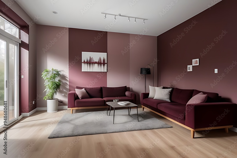 Fototapeta premium Modern living room with burgundy pastel wall.
