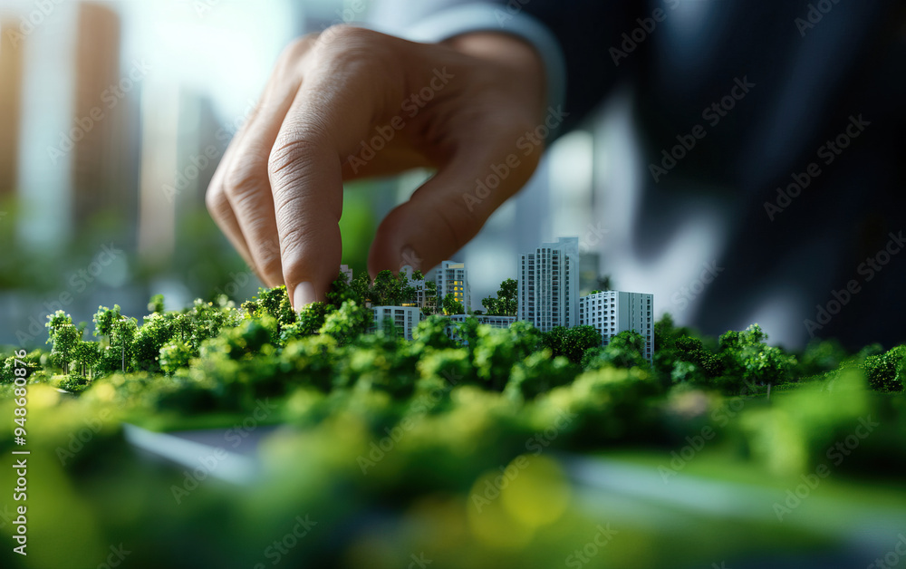 A model city being developed with focus on sustainability and greenery, showcasing a hand shaping urban planning. A model city being developed with focus on sustainability and greenery, showcasing a hand shaping urban planning.