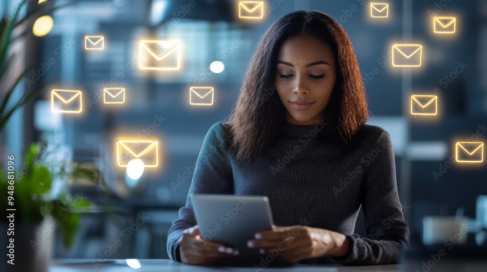 Businesswoman checking emails in a modern office Businesswoman checking emails in a modern office