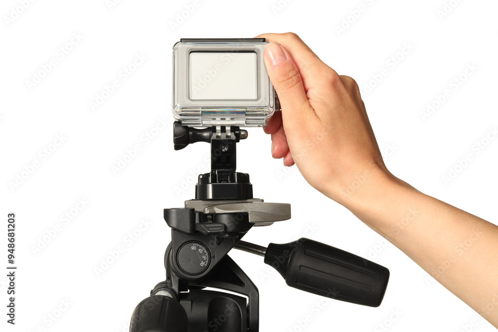 Woman with modern action camera on white background Woman with modern action camera on white background
