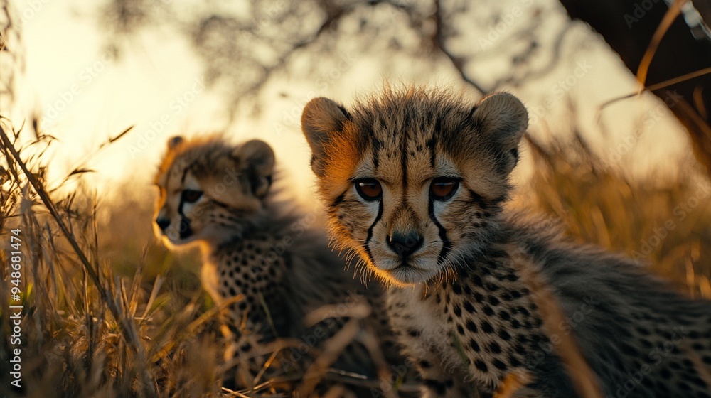 Obraz premium Adorable Cheetah Cubs in Golden Grassland at Sunset