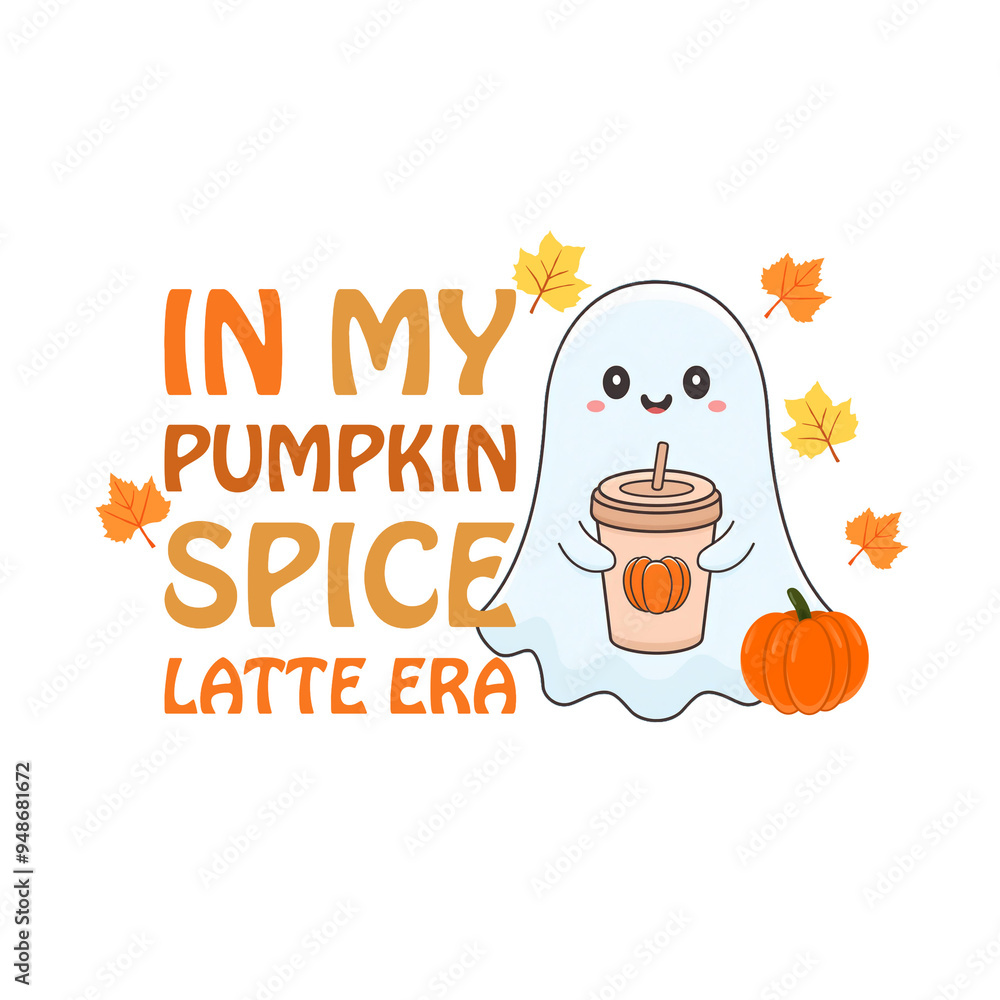 Naklejka premium Cute ghost drinking pumpkin spice latte 