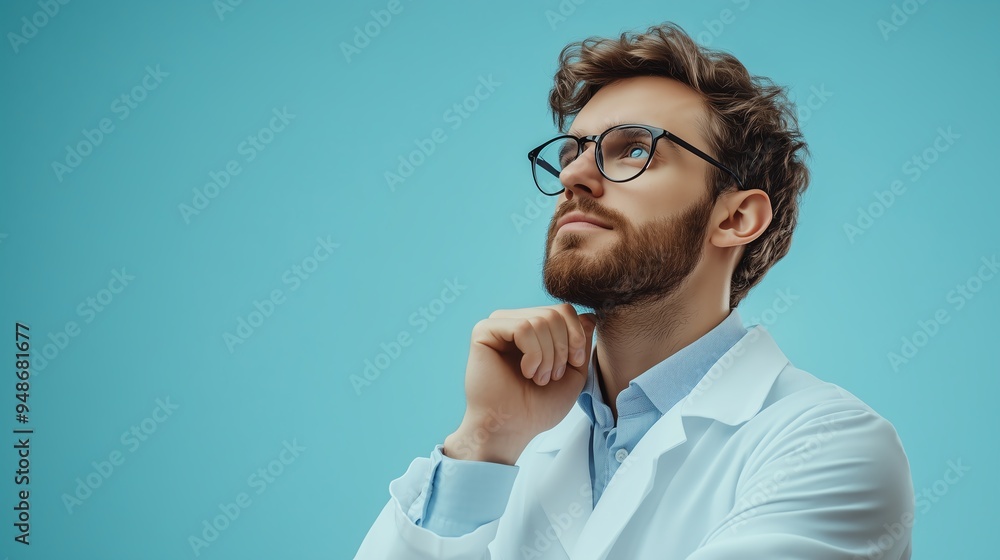 scientist in thinking pose isolated on blue background scientist in thinking pose isolated on blue background