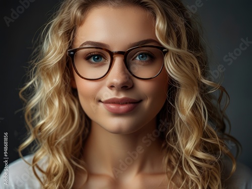 Confident young blonde model with glasses, curly hair, smiling indoors 