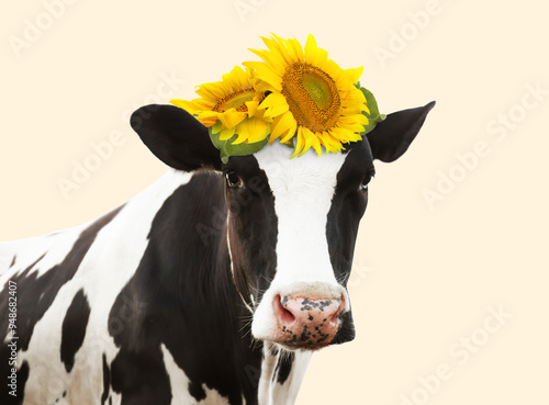 Adorable cow with bright sunflowers on head against beige background photo