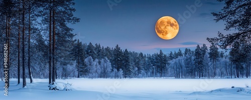 A serene winter landscape featuring a glowing full moon over a snowy forest under a twilight sky. photo