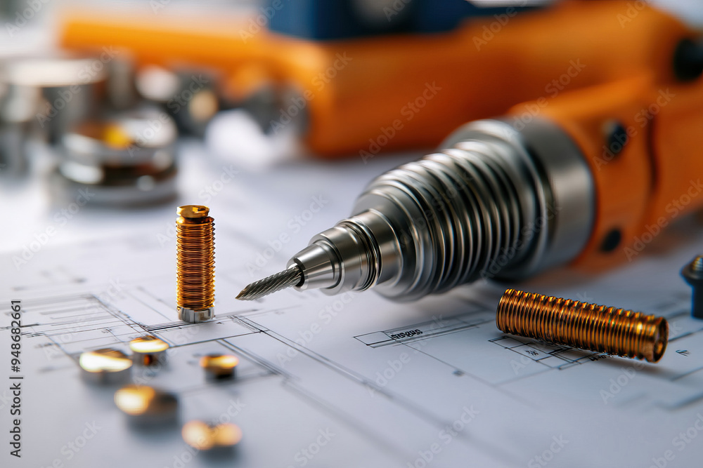 Close-up of a drill, screws, and technical drawings, showcasing precision tools for engineering and construction projects. Close-up of a drill, screws, and technical drawings, showcasing precision tools for engineering and construction projects.