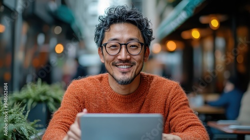 A man with glasses enjoys reading a tablet in a vibrant urban café. His orange sweater and cheerful expression capture the lively and welcoming atmosphere of the café.