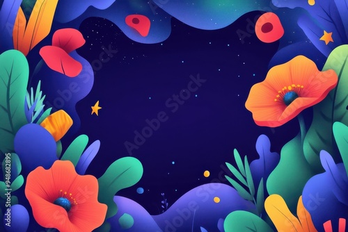 A vibrant, colorful night sky scene framed by abstract flowers and foliage, with stars scattered across a dark background.