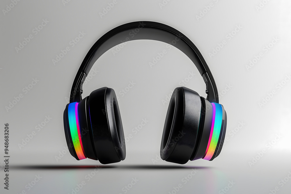 Blue green color combination over headphones floating in air Gray background product photography Concept Blue green color combination over headphones floating in air Gray background product photography Concept