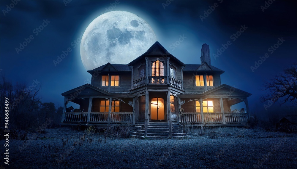 Spooky haunted house at night with full moon and eerie glow Spooky haunted house at night with full moon and eerie glow