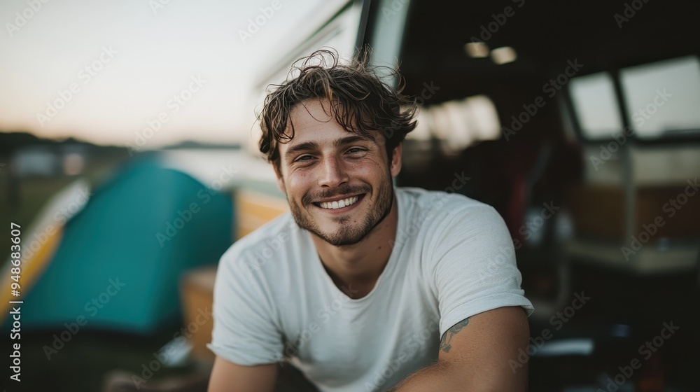 A cheerful man with tousled hair smiles at the camera, leaning against a van with a camping setup in the background, conveying a sense of adventure and joy. A cheerful man with tousled hair smiles at the camera, leaning against a van with a camping setup in the background, conveying a sense of adventure and joy.