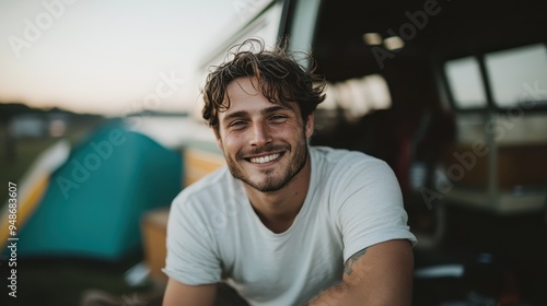 A cheerful man with tousled hair smiles at the camera, leaning against a van with a camping setup in the background, conveying a sense of adventure and joy.