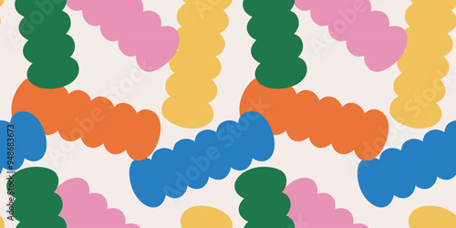 Fun playful seamless pattern with colorful cartoon shapes or confetti on beige background. Childish festive abstract backdrop