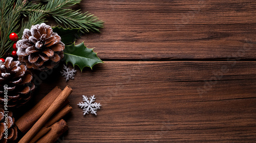 Rustic wooden background decorated with pinecones, cinnamon sticks, and festive greenery for a cozy holiday vibe.