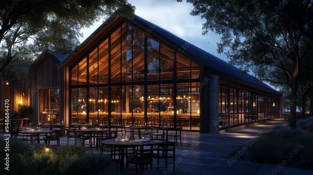 Obraz premium A modern restaurant exterior featuring large glass windows and outdoor seating illuminated during evening hours
