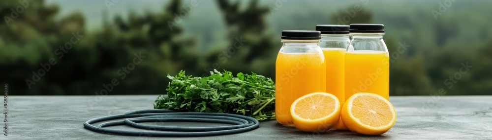A tranquil outdoor exercise scene with detox water, fresh greens, and a jump rope, representing the integration of fitness and cleansing A tranquil outdoor exercise scene with detox water, fresh greens, and a jump rope, representing the integration of fitness and cleansing