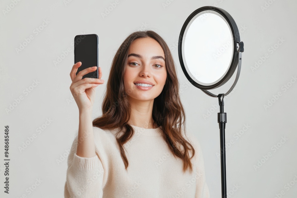 Social media influencers are taking selfies with ring lights and smartphones. Social media influencers are taking selfies with ring lights and smartphones.