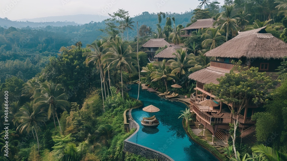 Aerial view of a luxury resort nestled in lush tropical jungle with an ...