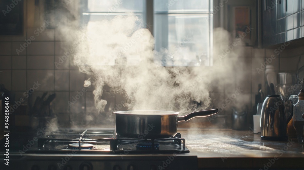 A steam-filled kitchen with a pot on the stove, capturing the mist rising from the boiling water and the dynamic motion of cooking. A steam-filled kitchen with a pot on the stove, capturing the mist rising from the boiling water and the dynamic motion of cooking.