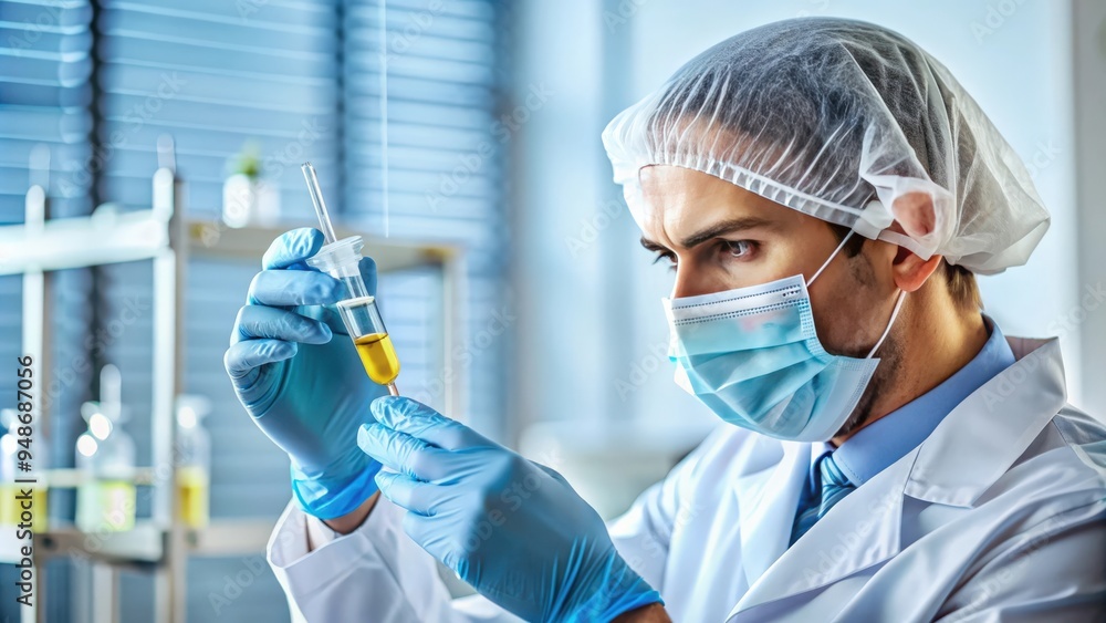 Laboratory technician preparing a chemotherapy injection with cytostatics, laboratory, technician, preparation Laboratory technician preparing a chemotherapy injection with cytostatics, laboratory, technician, preparation