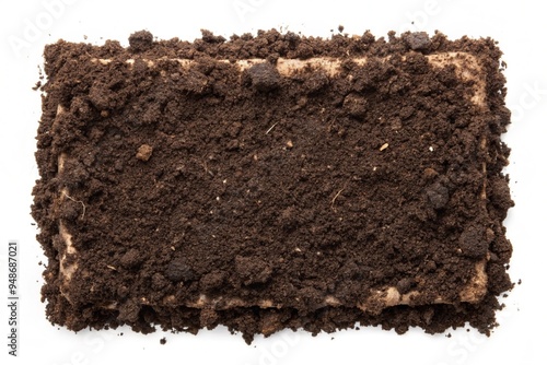 A section of a soil patch texture isolated on a white background.Black biosoil or soil substrate in the form of a frame or border