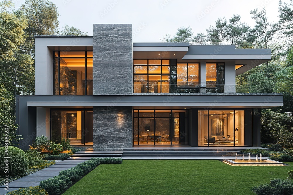 A large house with a stone exterior and a large glass window A large house with a stone exterior and a large glass window