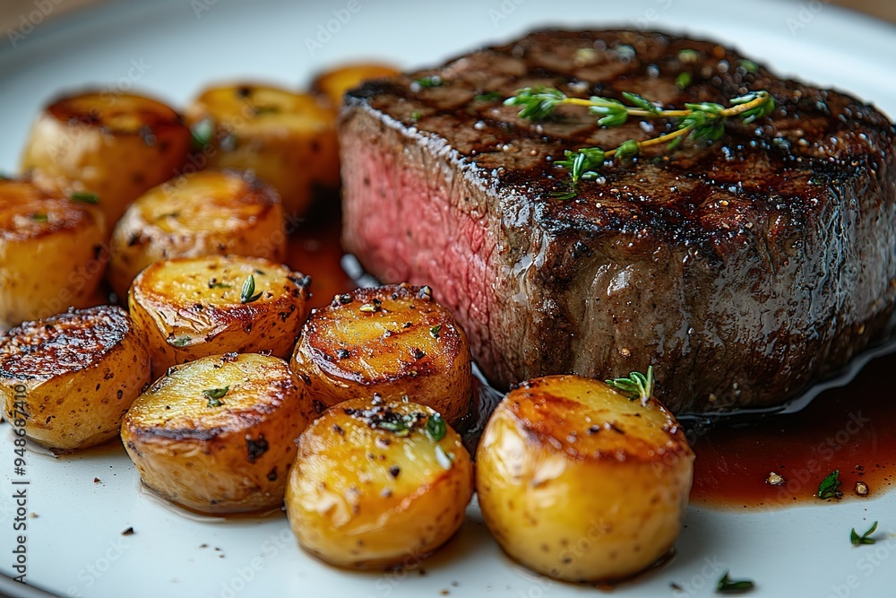 A steak with potatoes and herbs on a plate A steak with potatoes and herbs on a plate