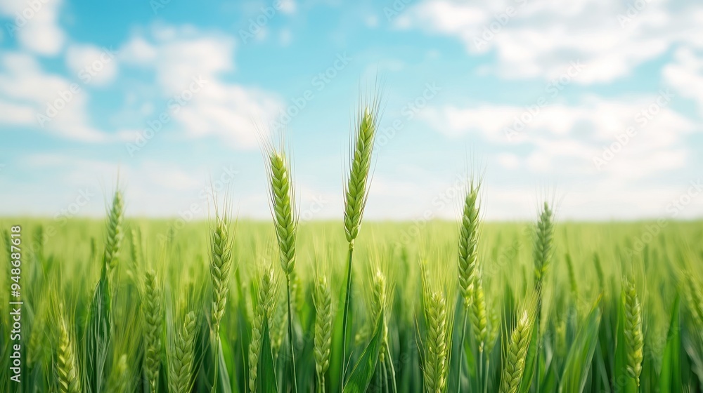 A stunning wheat field under a clear blue sky, showcasing vibrant green stalks swaying gently in the breeze. A stunning wheat field under a clear blue sky, showcasing vibrant green stalks swaying gently in the breeze.