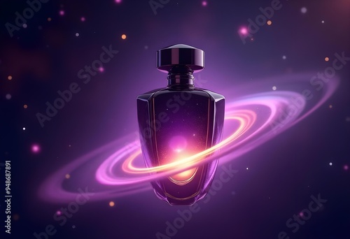 Futuristic Perfume Bottle in Cosmic Orbit with Neon Glow