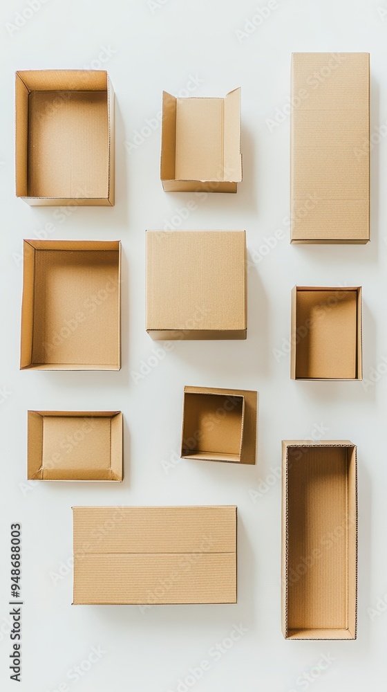 Fototapeta premium Various sizes of cardboard boxes are neatly arranged for shipping, showcasing their potential uses in packaging and storage