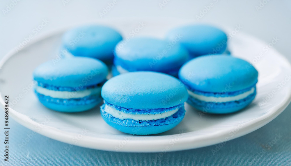 Blue macaroons in ceramic white plate. Tasty dessert. Sweet food. Traditional French bakery snack. Blue macaroons in ceramic white plate. Tasty dessert. Sweet food. Traditional French bakery snack.