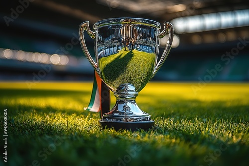 A silver cup with a green ribbon on it is sitting on a field photo