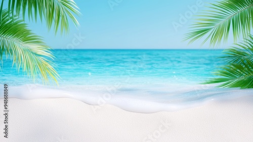 Tropical Beach Serenity, a vibrant scene of turquoise waves gently lapping at golden sands, framed by lush palm trees under a clear blue sky, inviting tranquility and relaxation.