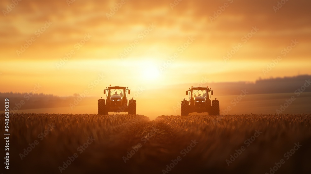 Fototapeta premium Two tractors silhouetted against a stunning sunset over an open field, symbolizing agriculture and rural life.