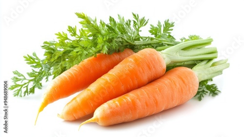 Carrots isolated. Carrot on white background. Three carrots with green leaves. With clipping path. Full depth of field photo