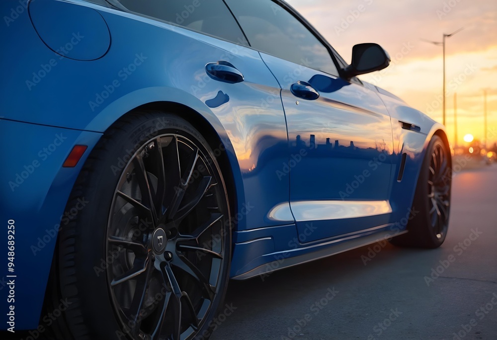 Luxury Blue Sports Car Close-Up at Sunset - Modern Automotive Design Luxury Blue Sports Car Close-Up at Sunset - Modern Automotive Design