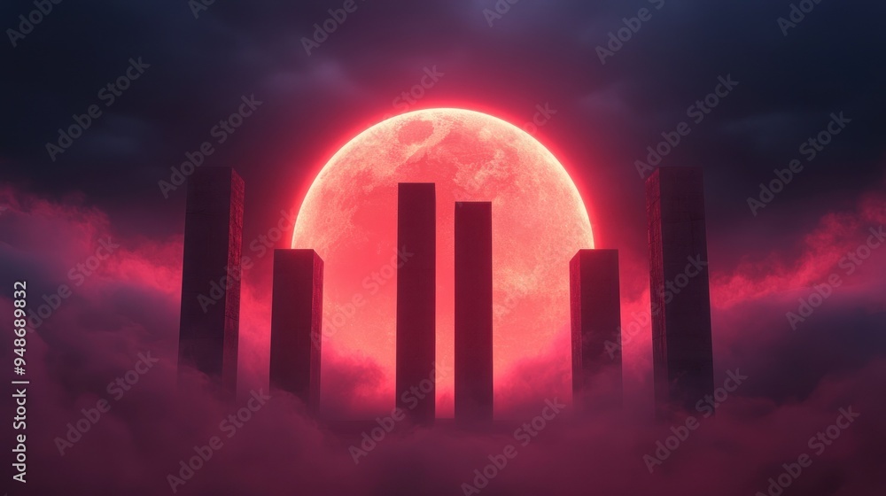 Fototapeta premium A mesmerizing scene featuring a glowing red moon surrounded by towering pillars shrouded in ethereal fog, creating a mystical ambiance.