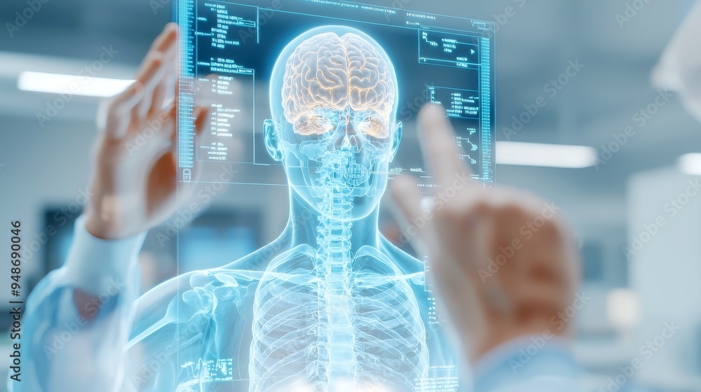 Digital Health Innovation, Businessman interacting with an advanced 3D digital x-ray interface, showcasing human anatomy, emphasizing technology's role in modern healthcare solutions Digital Health Innovation, Businessman interacting with an advanced 3D digital x-ray interface, showcasing human anatomy, emphasizing technology's role in modern healthcare solutions