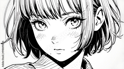 Young woman with black and white anime style large eyes ideal for graphic design projects, social media posts, and editorial illustrations.