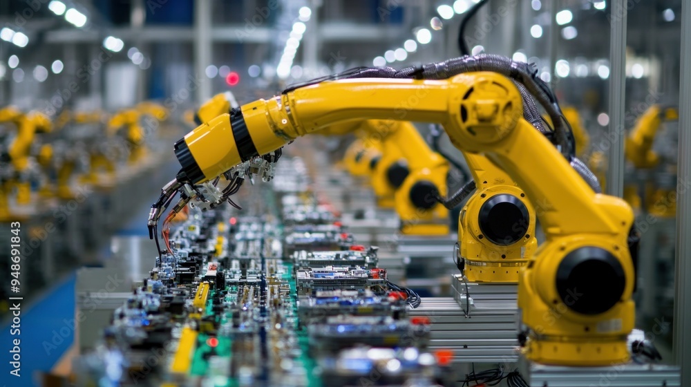 Automated Production Line with Yellow Robotic Arms Automated Production Line with Yellow Robotic Arms