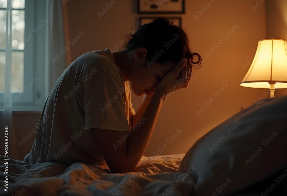 Woman in Deep Thought Sitting on Bed in Low Light Woman in Deep Thought Sitting on Bed in Low Light