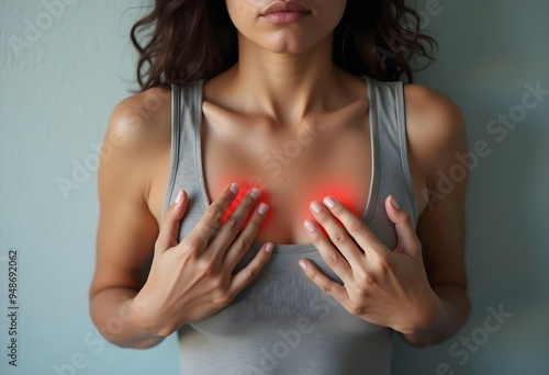 Woman Experiencing Chest Pain with Redness - Health and Wellness
