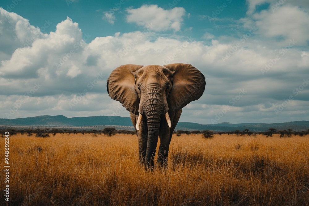 Obraz premium Majestic African Elephant in Serene Savanna Landscape