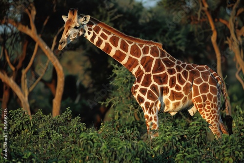 a giraffe gracefully browsing on leaves in a serene, sunlit savanna. Great for wildlife conservation campaigns and decorative wall art. photo