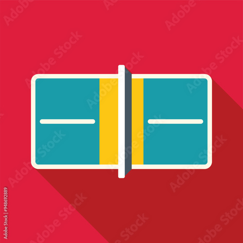 Tennis table top view showing the net, the middle line and the outline, in a flat design with long shadow on a red background