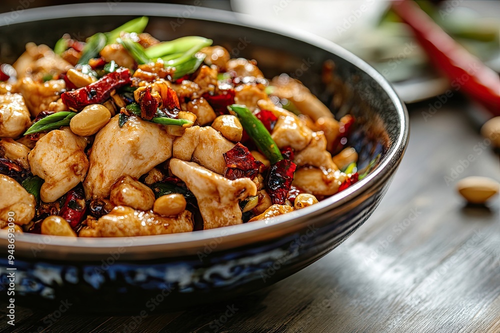 Kung pao chicken, stir-fried chinese sichuan traditional sichuan dish with chicken, peanuts, vegetables and chili peppers Kung pao chicken, stir-fried chinese sichuan traditional sichuan dish with chicken, peanuts, vegetables and chili peppers