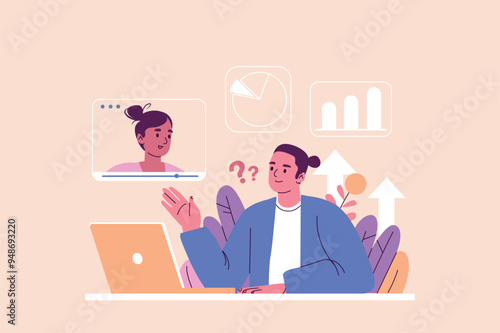 Business webinar concept with people scene in the flat cartoon design. A man is pictured during an online meeting about data analysis and statistics in a modern workspace. Vector illustration.