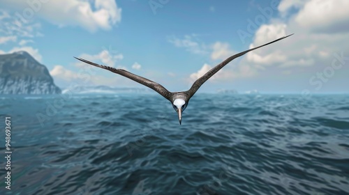 Albatross flying over blue ocean with island in background. photo